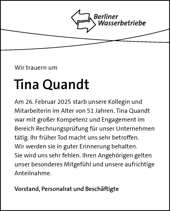 Traueranzeige von Tina Quandt von Tagesspiegel
