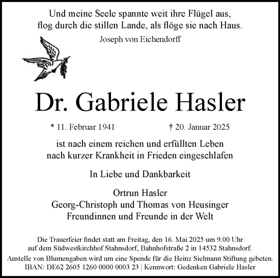 Traueranzeige von Gabriele Hasler 