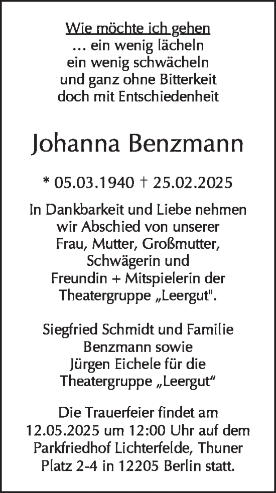 Traueranzeige von Johanna Benzmann von Tagesspiegel