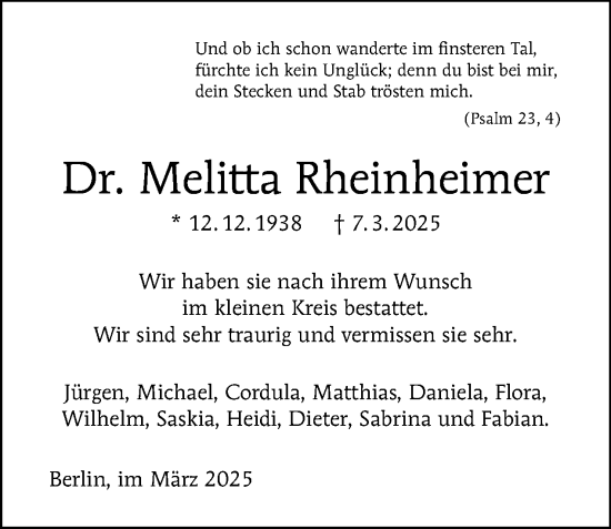 Traueranzeige von Melitta Rheinheimer von Tagesspiegel