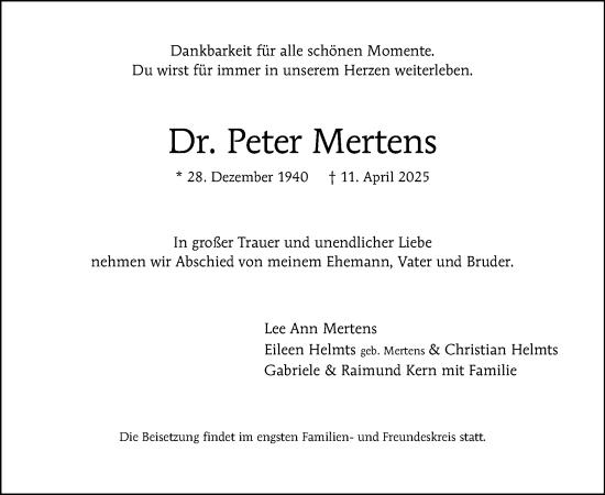 Traueranzeige von Peter Mertens von Tagesspiegel