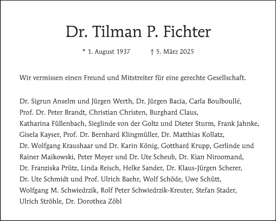 Traueranzeige von Tilman P. Fichter von Tagesspiegel