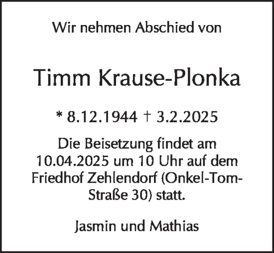 Traueranzeige von Timm Krause-Plonka von Tagesspiegel
