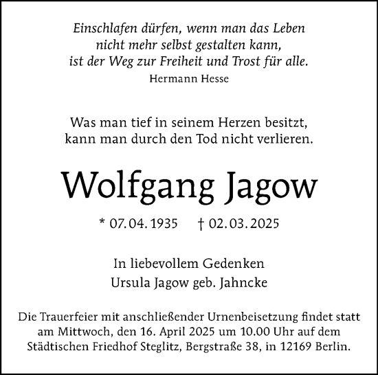 Traueranzeige von Wolfgang Jagow von Tagesspiegel