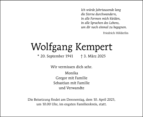 Traueranzeige von Wolfgang Kempert von Tagesspiegel