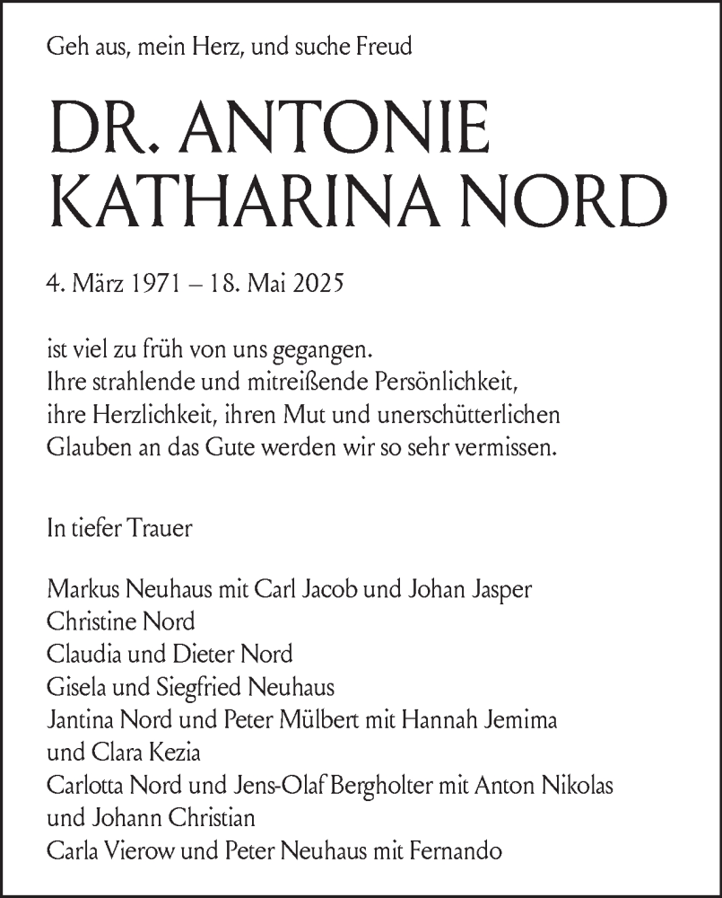  Traueranzeige für Antonie Katharina Nord vom 24.05.2025 aus Tagesspiegel