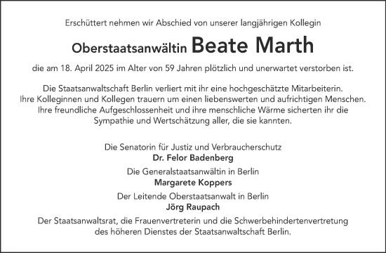 Traueranzeige von Beate Marth von Tagesspiegel