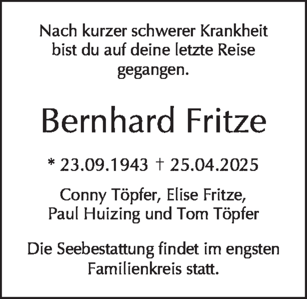  Traueranzeige für Bernhard Fritze vom 10.05.2025 aus Tagesspiegel