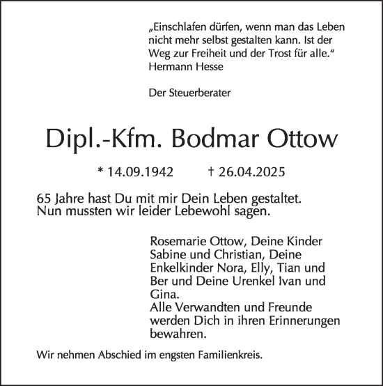 Traueranzeige von Bodmar Ottow von Tagesspiegel