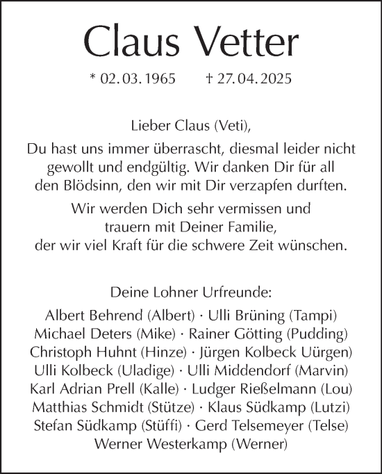 Traueranzeige von Claus Vetter von Tagesspiegel