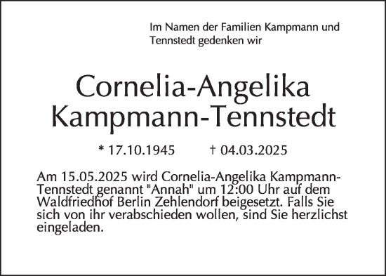 Traueranzeige von Cornelia-Angelika Kampmann-Tennstedt von Tagesspiegel