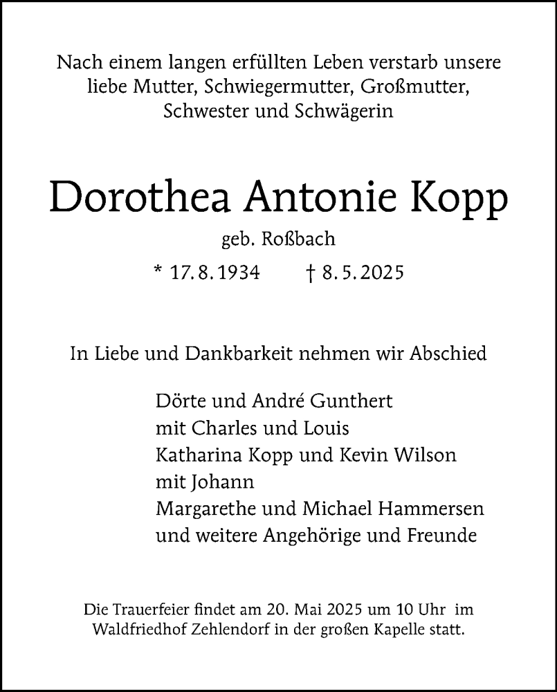  Traueranzeige für Dorothea Antonie Kopp vom 17.05.2025 aus Tagesspiegel