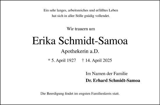 Traueranzeige von Erika Schmidt-Samoa von Tagesspiegel