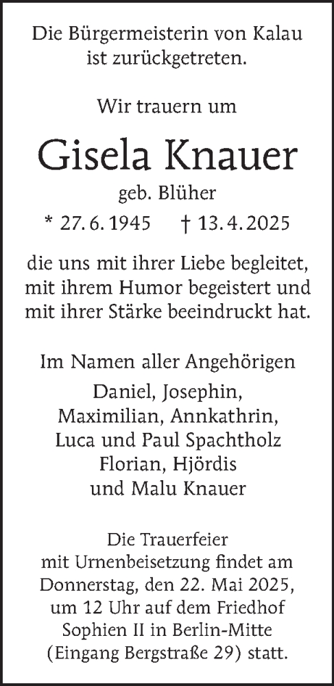Traueranzeige von Gisela Knauer von Tagesspiegel