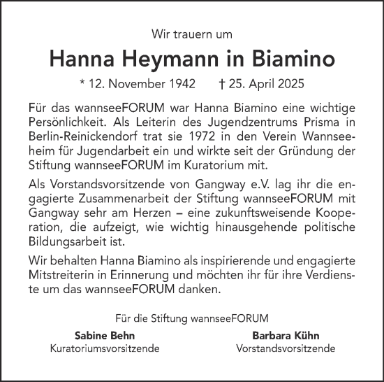 Traueranzeige von Hanna Biamino von Tagesspiegel