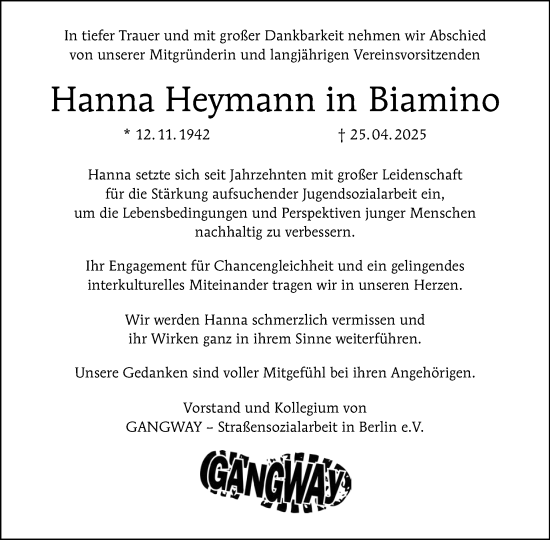 Traueranzeige von Hanna Biamino von Tagesspiegel