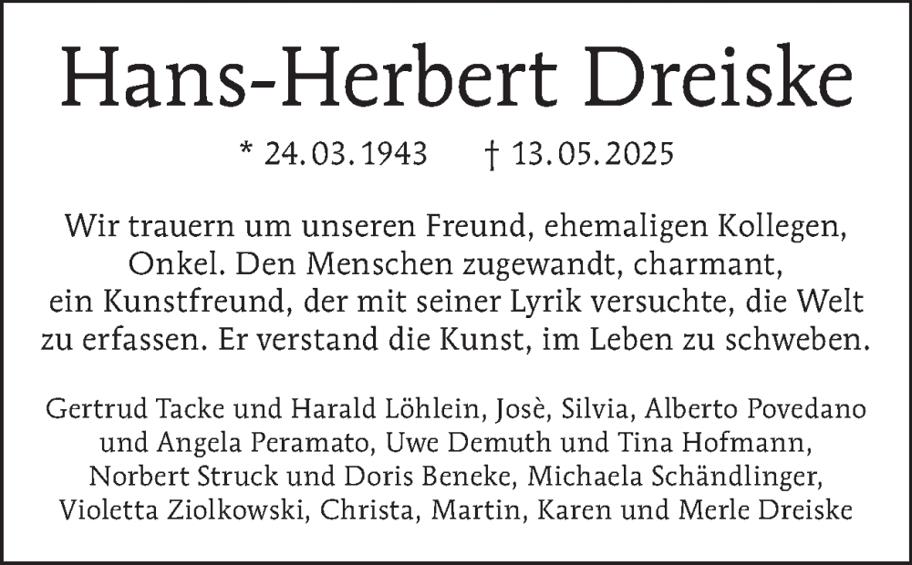  Traueranzeige für Hans-Herbert Dreiske vom 31.05.2025 aus Tagesspiegel
