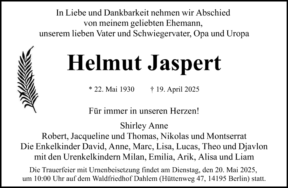  Traueranzeige für Helmut Jaspert vom 10.05.2025 aus Tagesspiegel