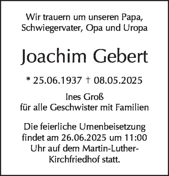 Traueranzeige von Joachim Gebert von Tagesspiegel