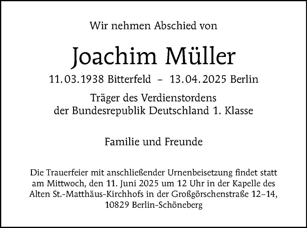  Traueranzeige für Joachim Müller vom 31.05.2025 aus Tagesspiegel