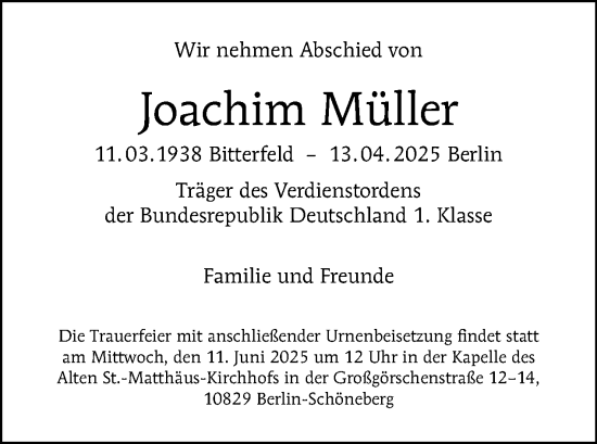 Traueranzeige von Joachim Müller von Tagesspiegel