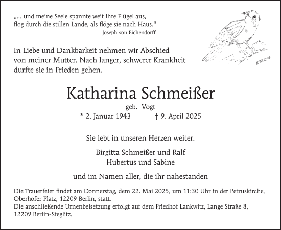 Traueranzeige von Katharina Schmeißer von Tagesspiegel