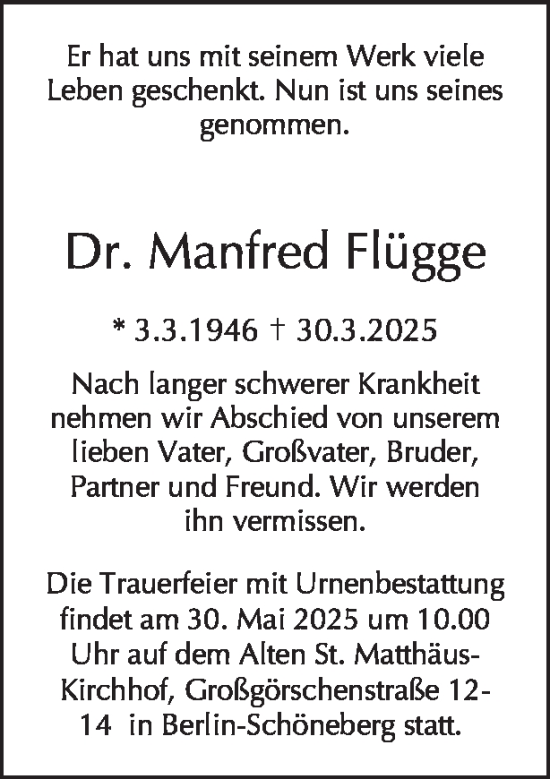 Traueranzeige von Manfred Flügge von Tagesspiegel