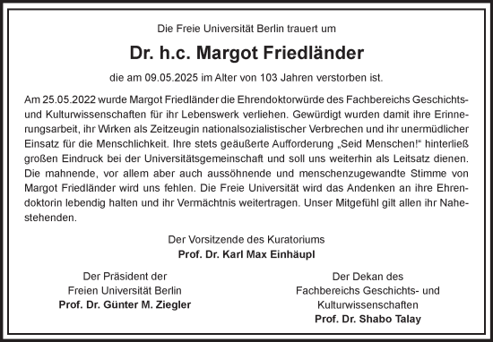 Traueranzeige von Margot Friedländer von Tagesspiegel