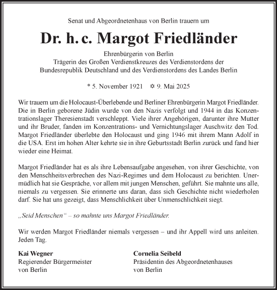 Traueranzeige von Margot Friedländer von Tagesspiegel
