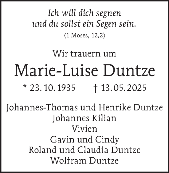 Traueranzeige von Marie-Luise Duntze von Tagesspiegel