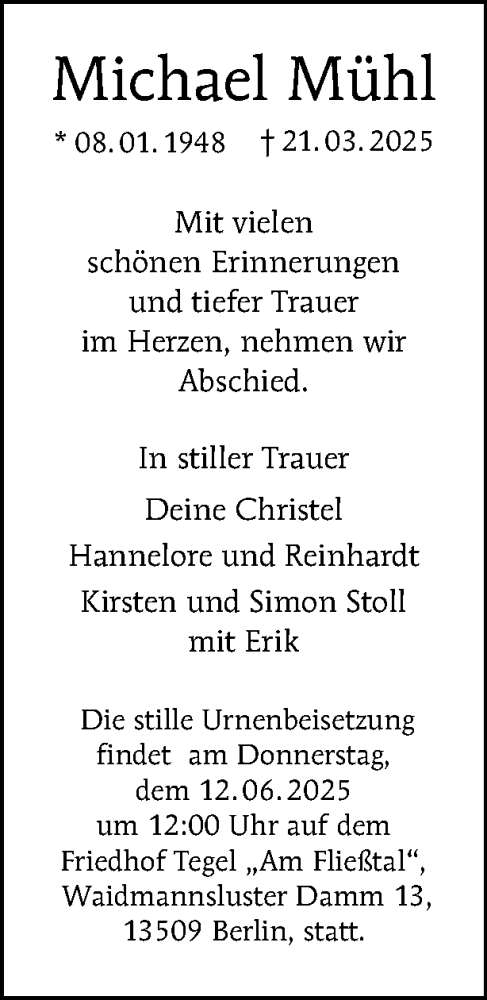 Traueranzeige von Michael Mühl von Tagesspiegel