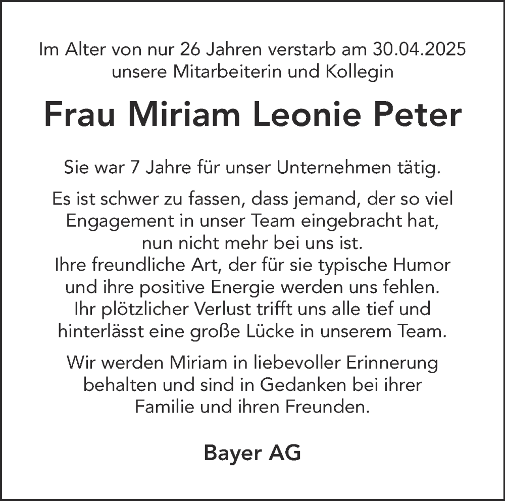  Traueranzeige für Miriam Leonie Peter vom 24.05.2025 aus Tagesspiegel