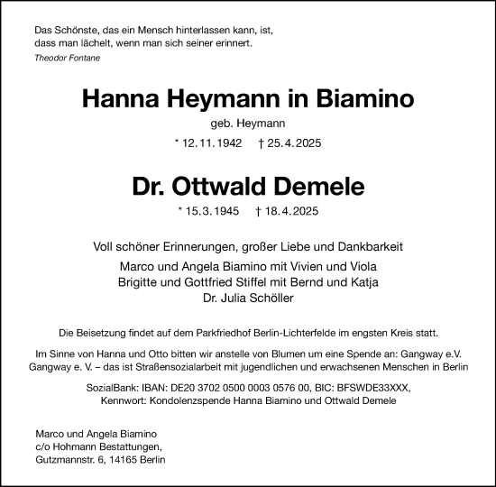 Traueranzeige von Ottwald Demele von Tagesspiegel
