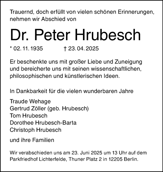 Traueranzeige von Peter Hrubesch von Tagesspiegel