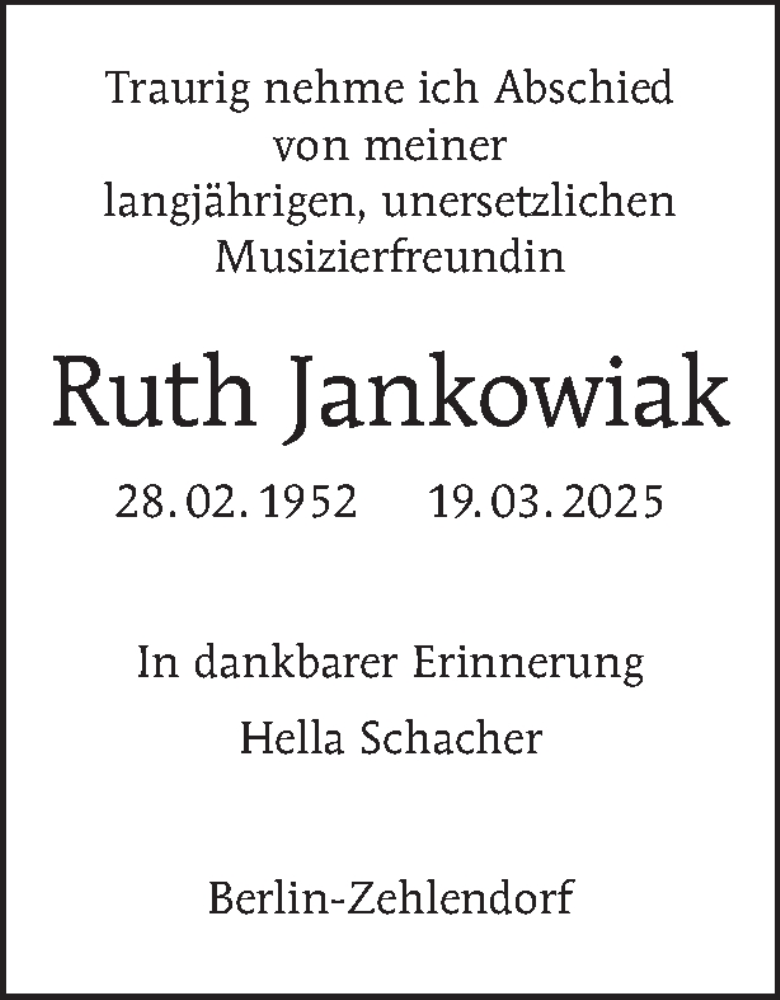  Traueranzeige für Ruth Jankowiak vom 10.05.2025 aus Tagesspiegel