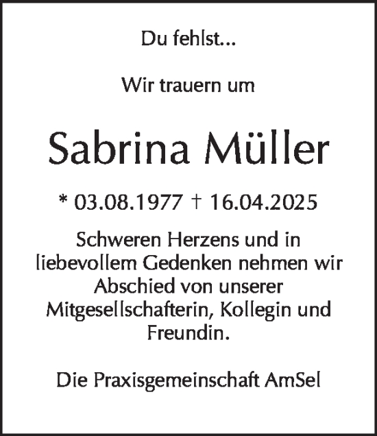Traueranzeige von Sabrina Müller von Tagesspiegel
