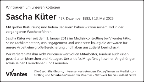 Traueranzeige von Sascha Küter von Tagesspiegel