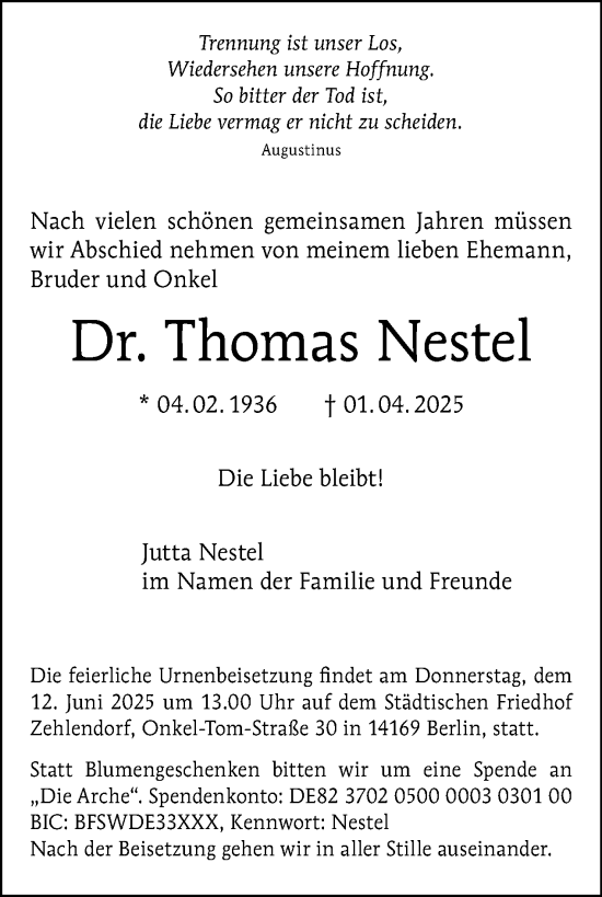 Traueranzeige von Thomas Nestel von Tagesspiegel