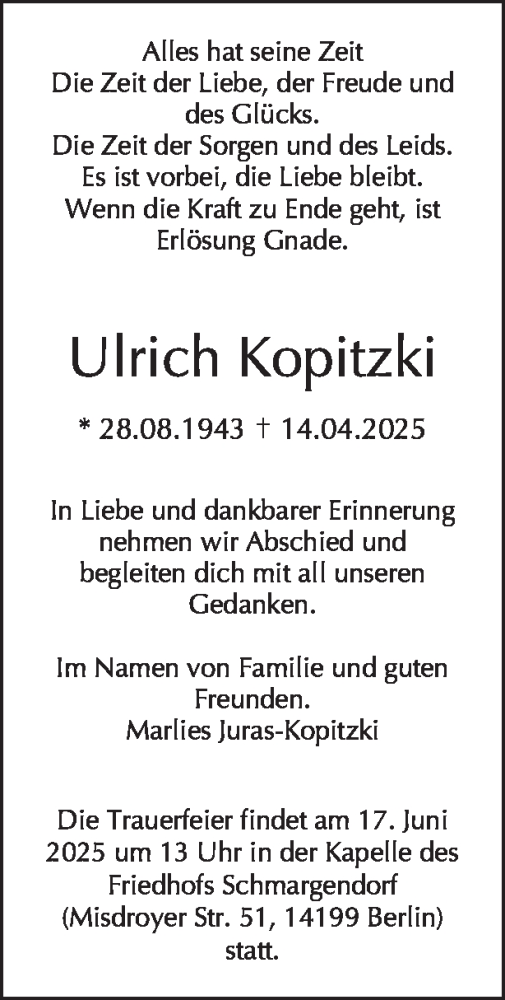 Traueranzeige von Ulrich Kopitzki von Tagesspiegel