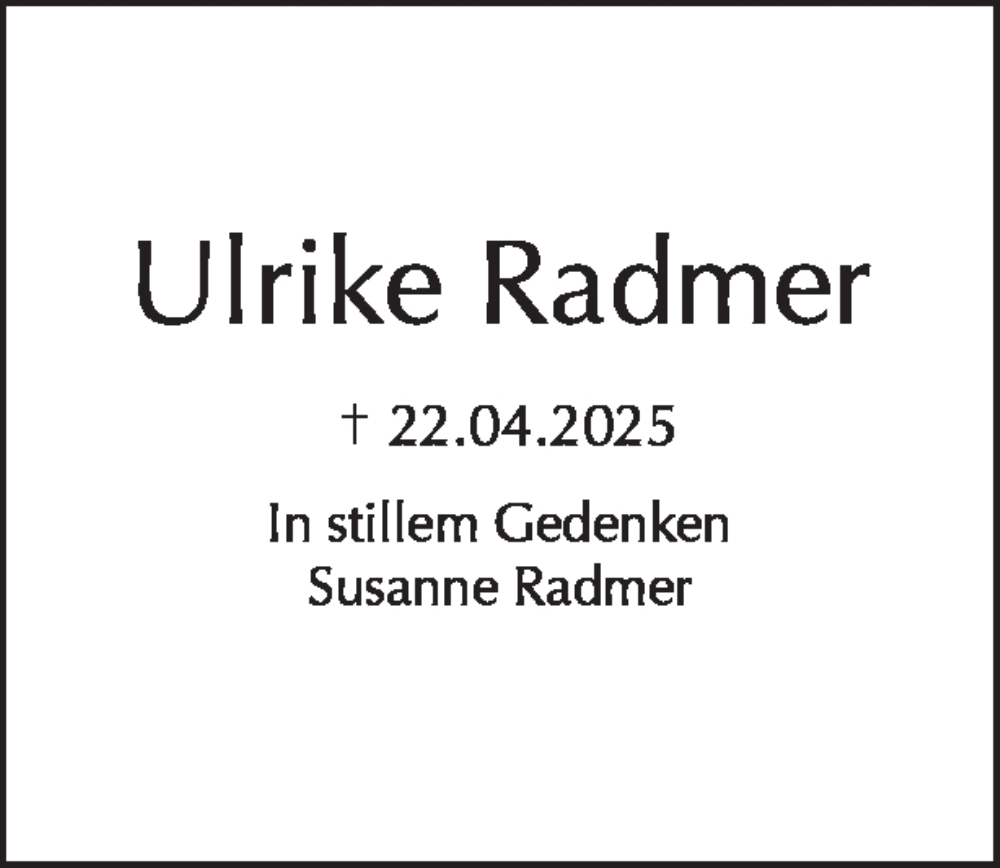  Traueranzeige für Ulrike Radmer vom 21.05.2025 aus Tagesspiegel