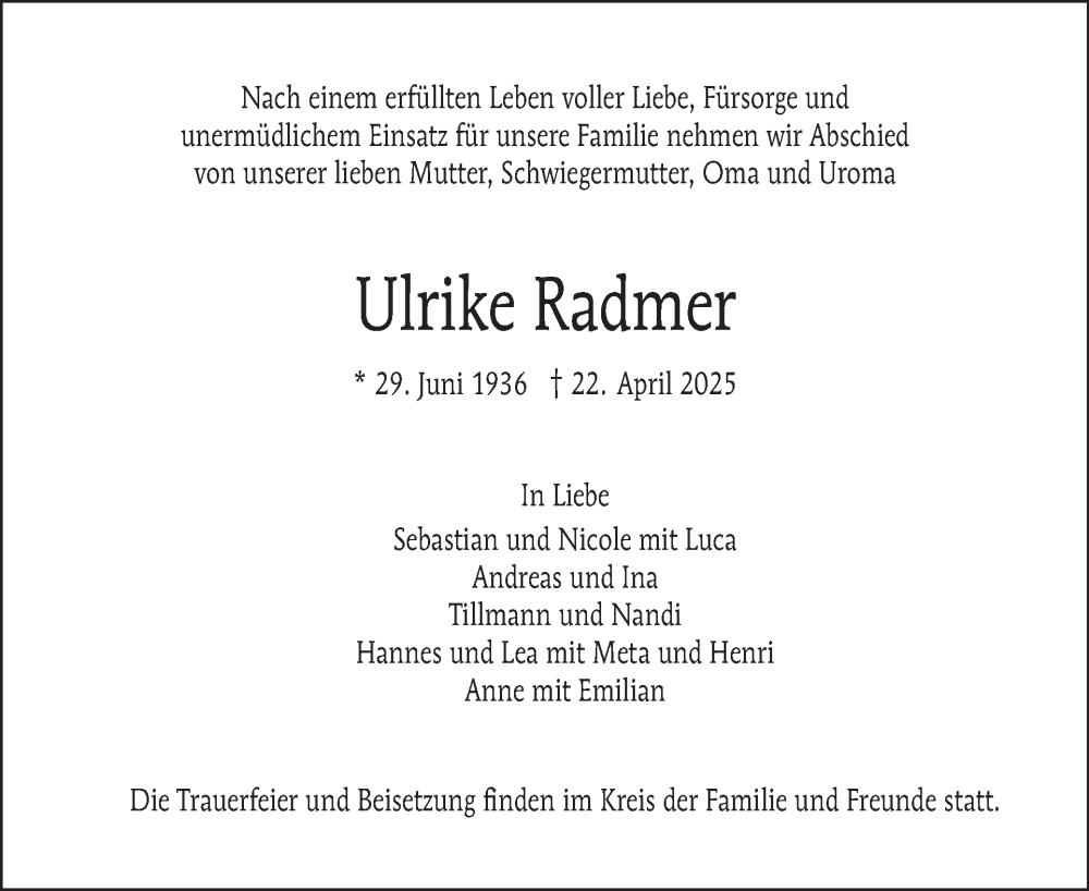  Traueranzeige für Ulrike Radmer vom 10.05.2025 aus Tagesspiegel