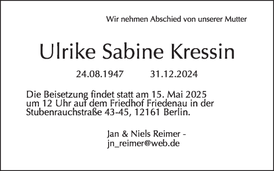 Traueranzeige von Ulrike Sabine Kressin von Tagesspiegel