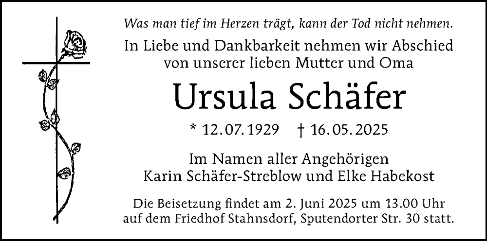  Traueranzeige für Ursula Schäfer vom 24.05.2025 aus Tagesspiegel