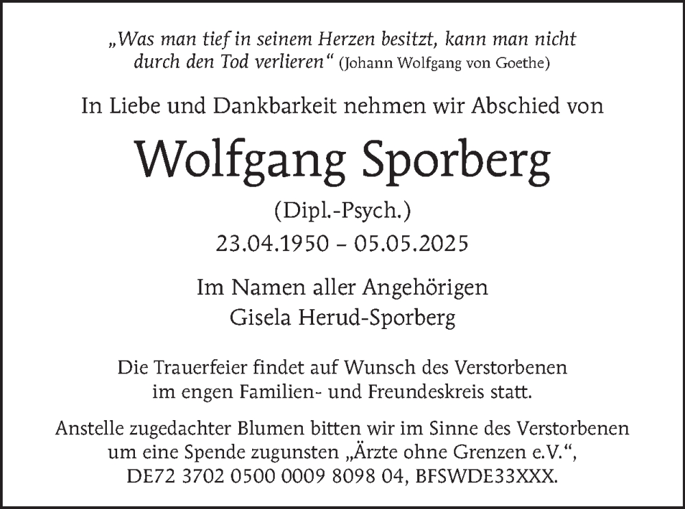  Traueranzeige für Wolfgang Sporberg vom 17.05.2025 aus Tagesspiegel
