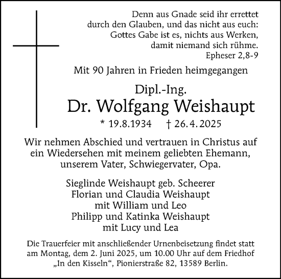 Traueranzeige von Wolfgang Weishaupt von Tagesspiegel