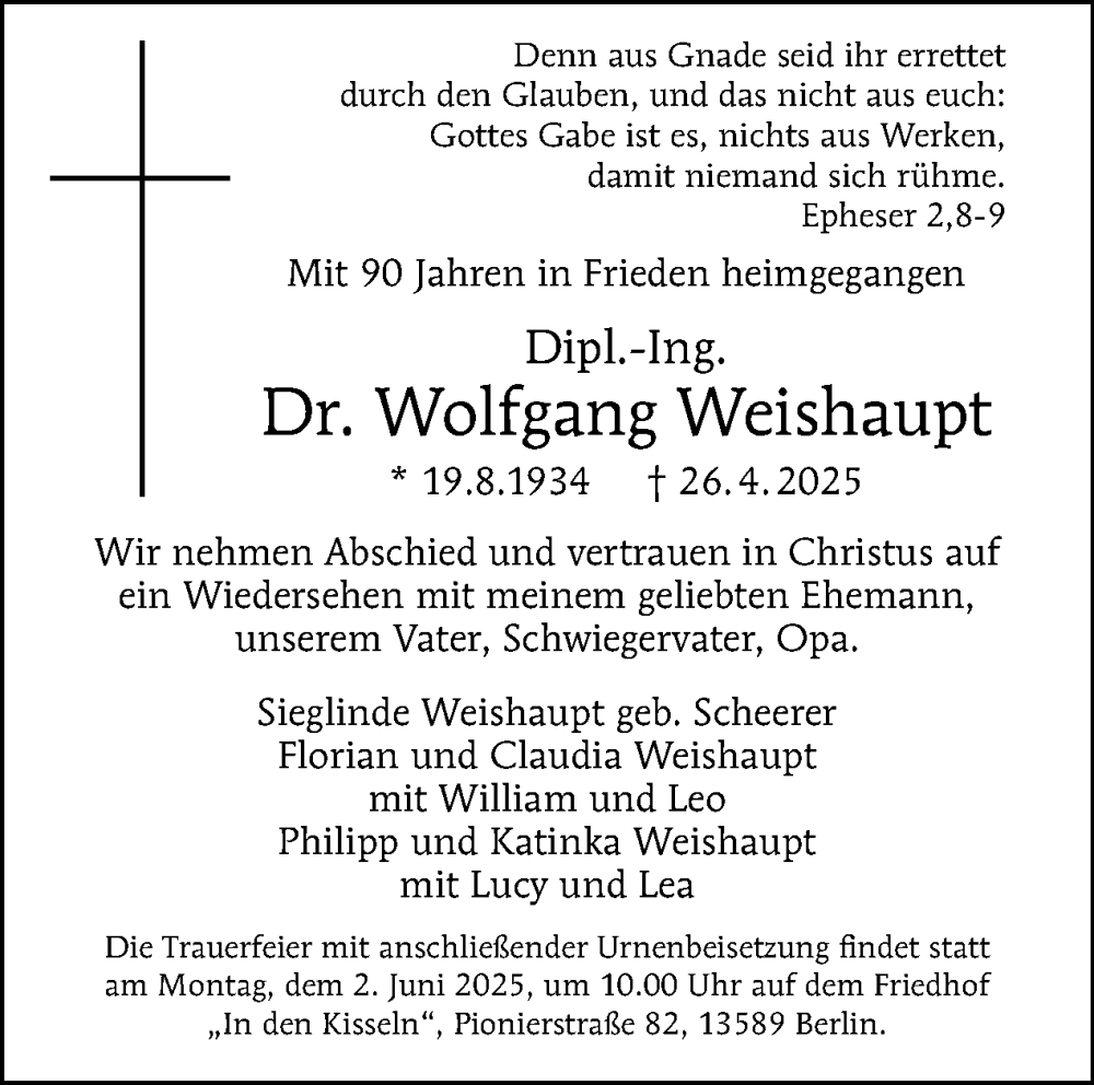 Traueranzeige für Wolfgang Weishaupt vom 17.05.2025 aus Tagesspiegel
