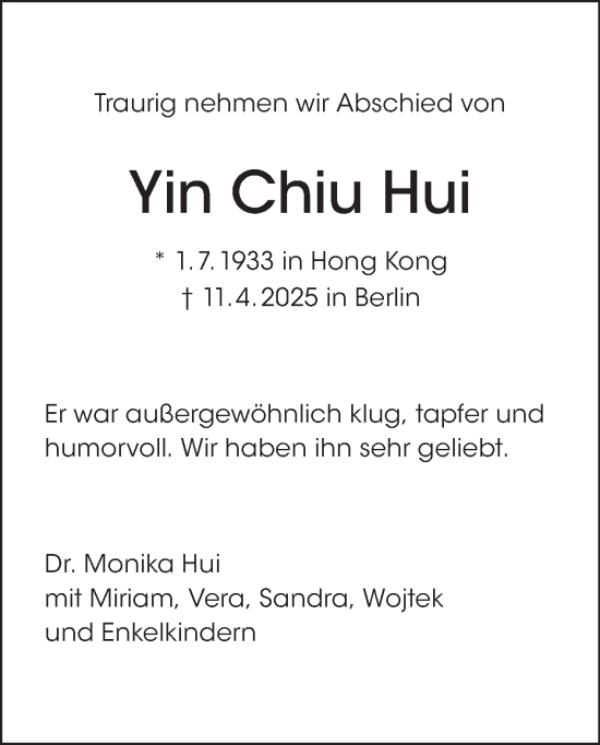 Traueranzeige von Yin Chiu Hui von Tagesspiegel
