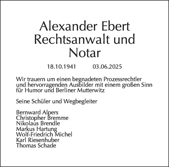 Traueranzeige von Alexander Ebert von Tagesspiegel
