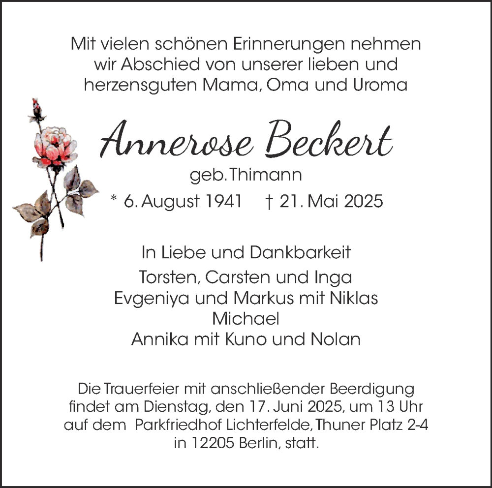  Traueranzeige für Annerose Beckert vom 07.06.2025 aus Tagesspiegel