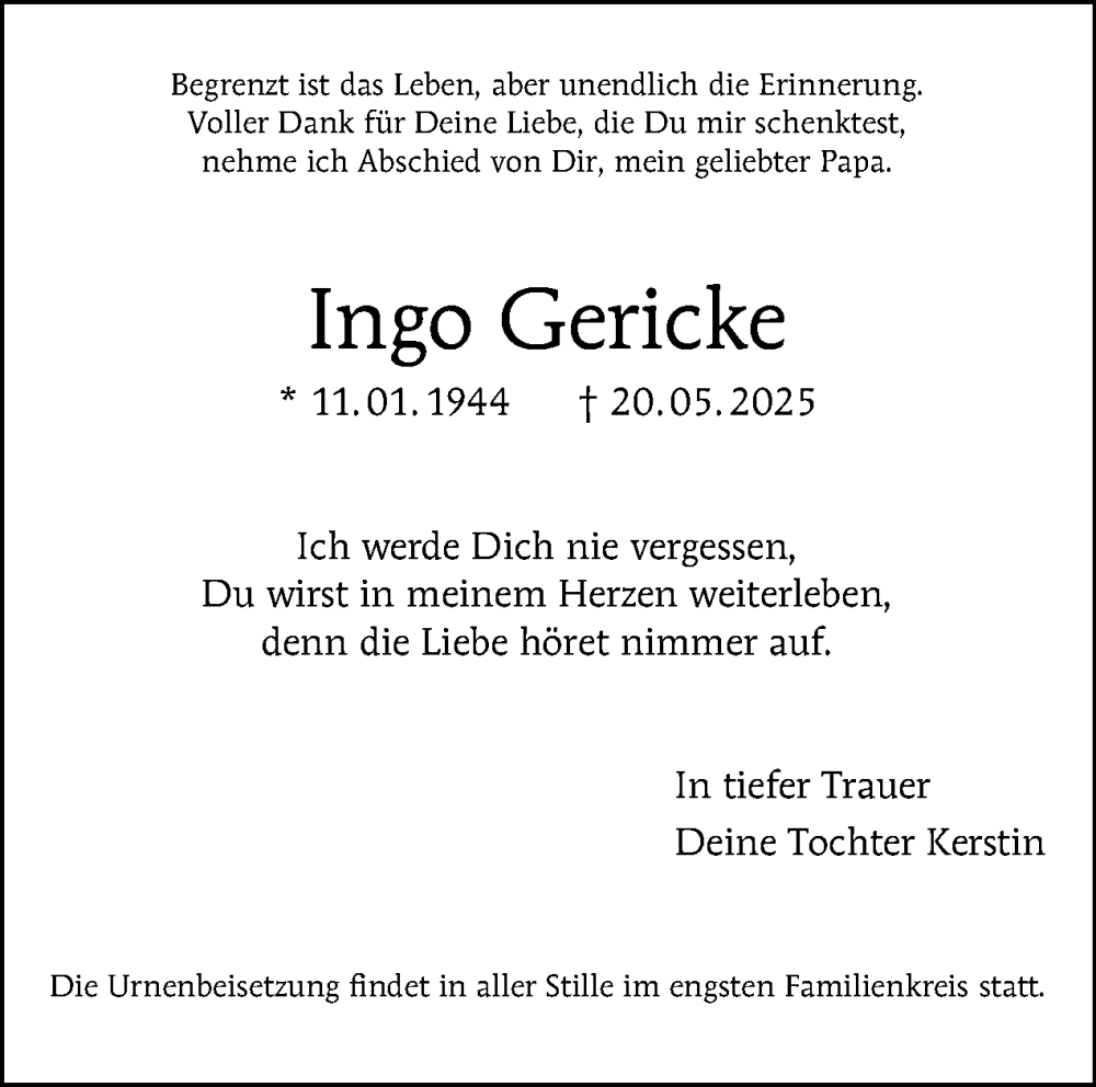  Traueranzeige für Ingo Gericke vom 07.06.2025 aus Tagesspiegel